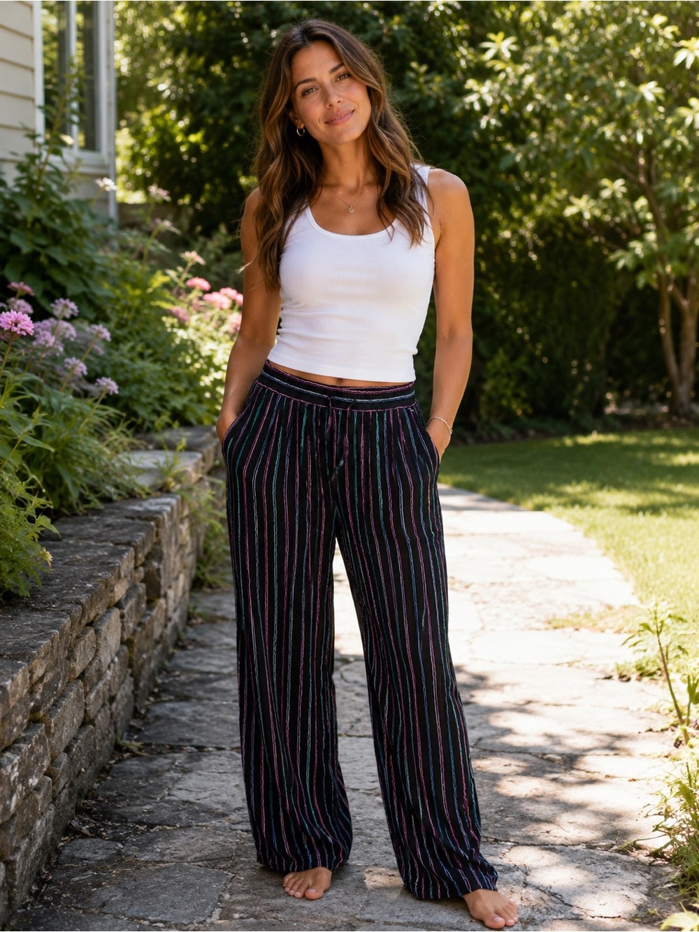 Fay Black Wide-Leg Pants with Multi-Color Stripes
